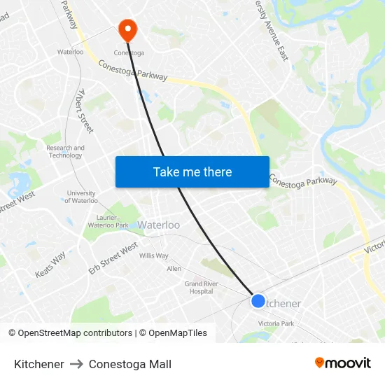 Kitchener to Conestoga Mall map