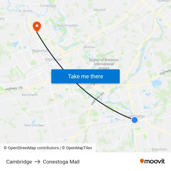 Cambridge to Conestoga Mall map