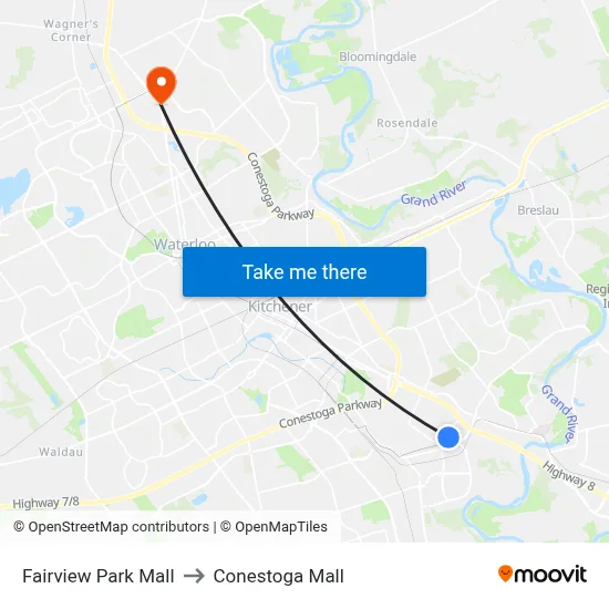 Fairview Park Mall to Conestoga Mall map