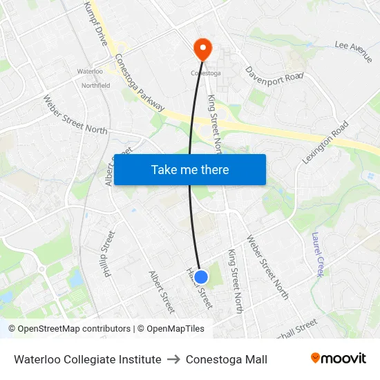 Waterloo Collegiate Institute to Conestoga Mall map