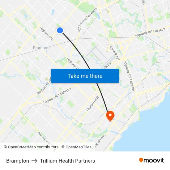 Brampton to Trillium Health Partners map