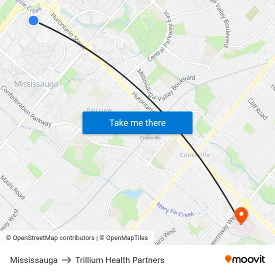 Mississauga to Trillium Health Partners map