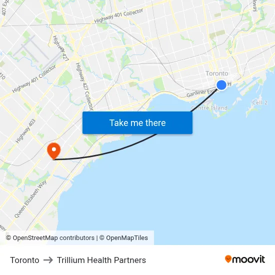 Toronto to Trillium Health Partners map