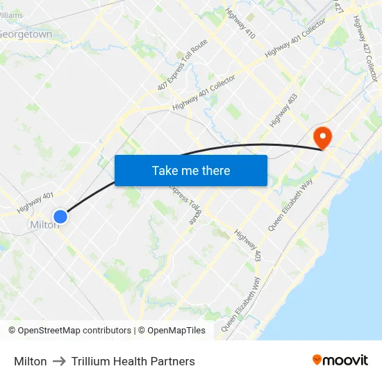 Milton to Trillium Health Partners map