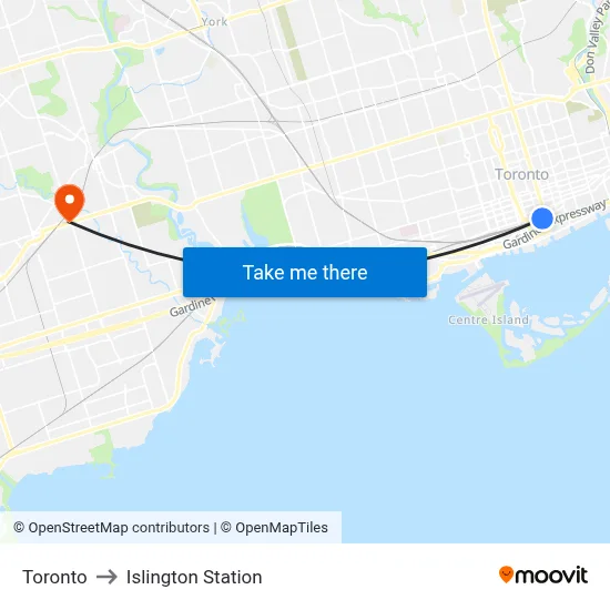 Toronto to Islington Station map