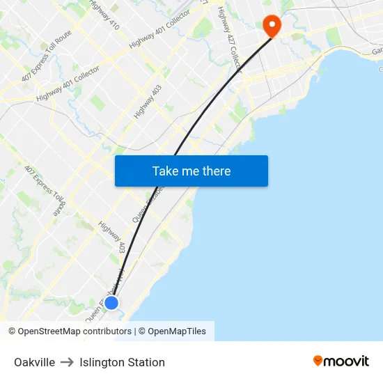 Oakville to Islington Station map