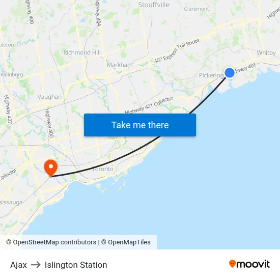 Ajax to Islington Station map