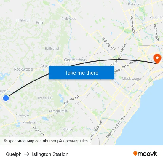 Guelph to Islington Station map