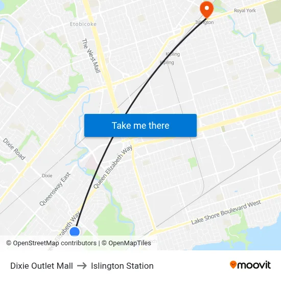 Dixie Outlet Mall to Islington Station map
