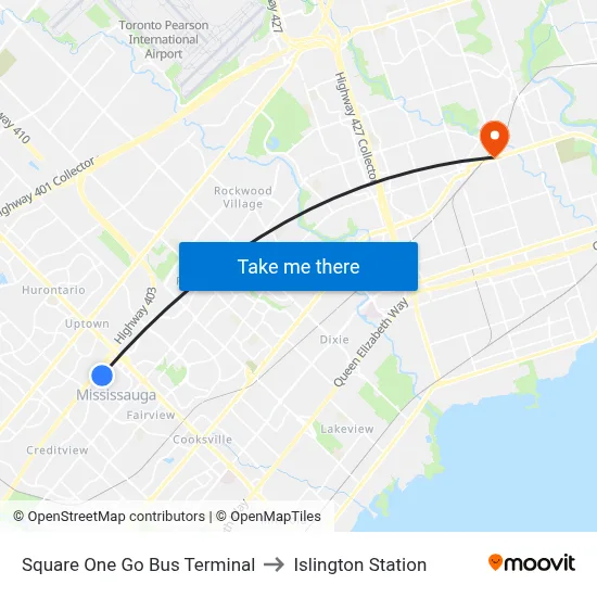 Square One Go Bus Terminal to Islington Station map