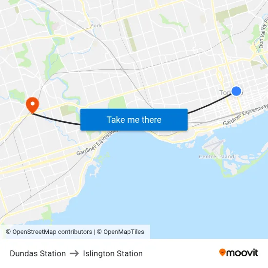 Dundas Station to Islington Station map