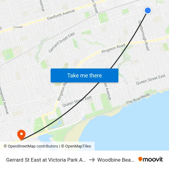 Gerrard St East at Victoria Park Ave to Woodbine Beach map