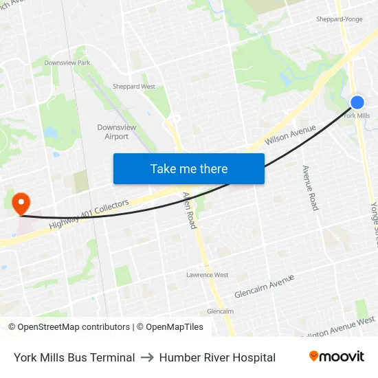 York Mills Bus Terminal to Humber River Hospital map
