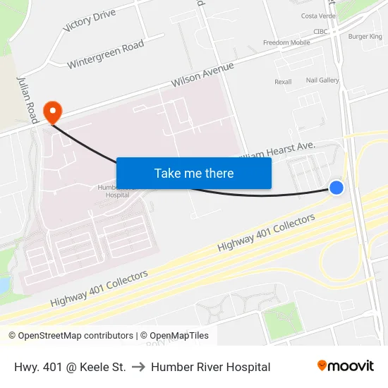 Hwy. 401 @ Keele St. to Humber River Hospital map