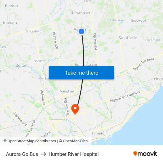 Aurora Go Bus to Humber River Hospital map