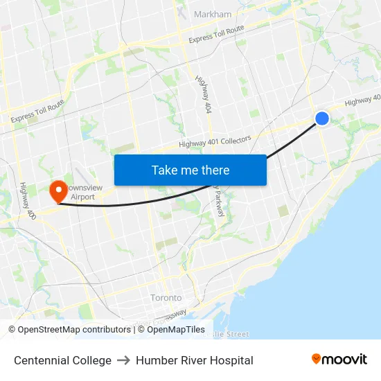 Centennial College to Humber River Hospital map