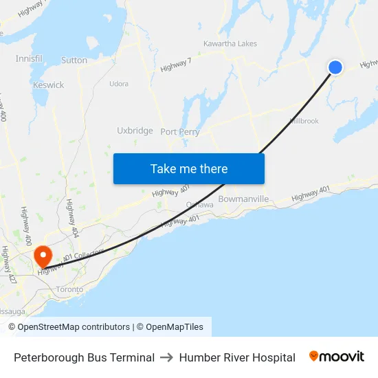 Peterborough Bus Terminal to Humber River Hospital map