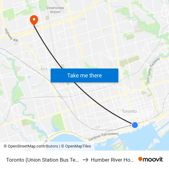 Toronto (Union Station Bus Terminal) to Humber River Hospital map