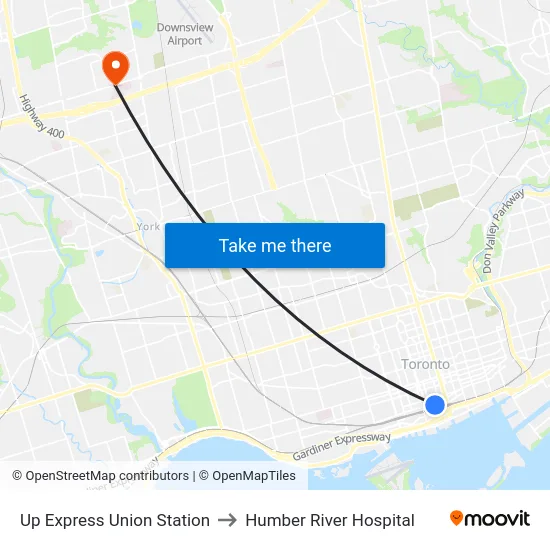 Up Express Union Station to Humber River Hospital map