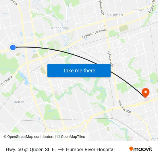 Hwy. 50 @ Queen St. E. to Humber River Hospital map