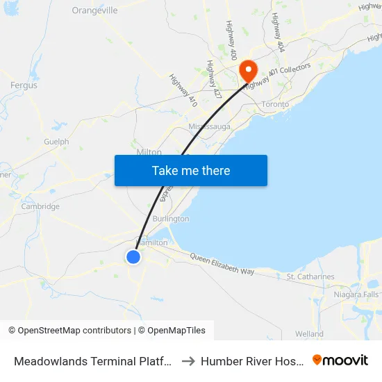 Meadowlands Terminal Platform 2 to Humber River Hospital map