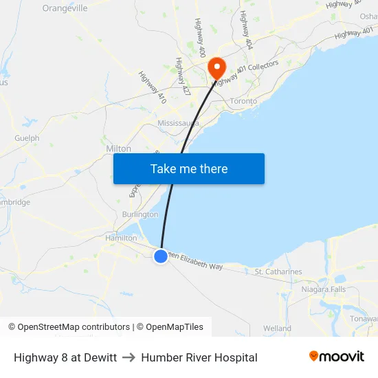 Highway 8 at Dewitt to Humber River Hospital map