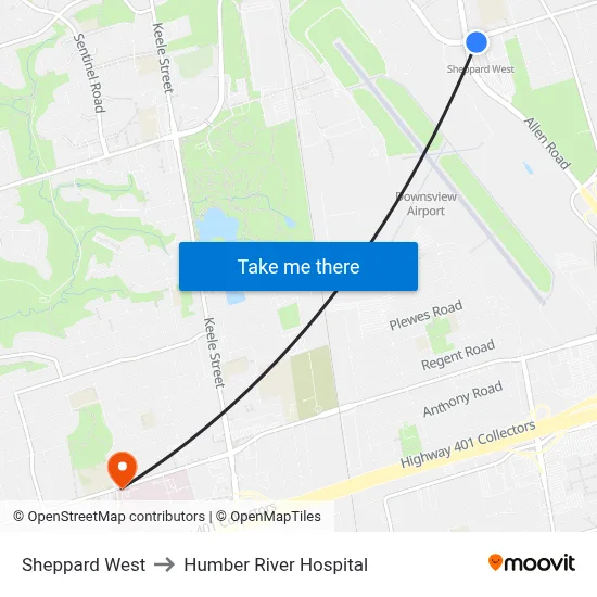 Sheppard West to Humber River Hospital map