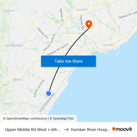 Upper Middle Rd West + 6th Line to Humber River Hospital map