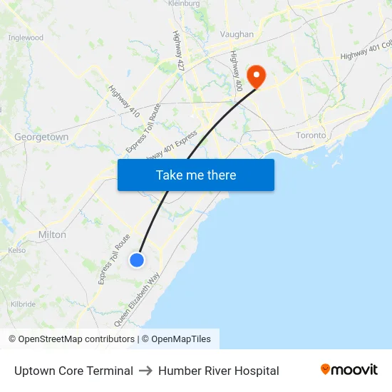 Uptown Core Terminal to Humber River Hospital map