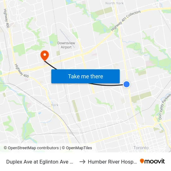 Duplex Ave at Eglinton Ave West to Humber River Hospital map