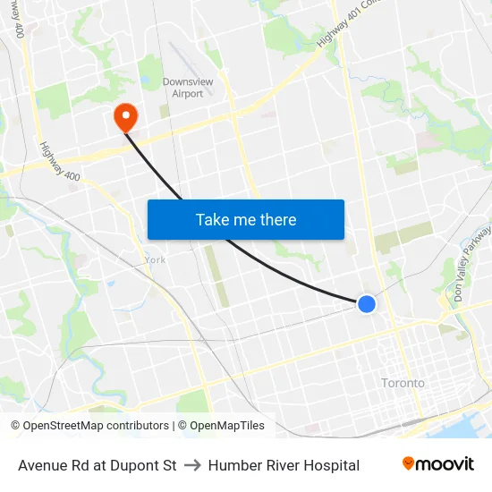 Avenue Rd at Dupont St to Humber River Hospital map