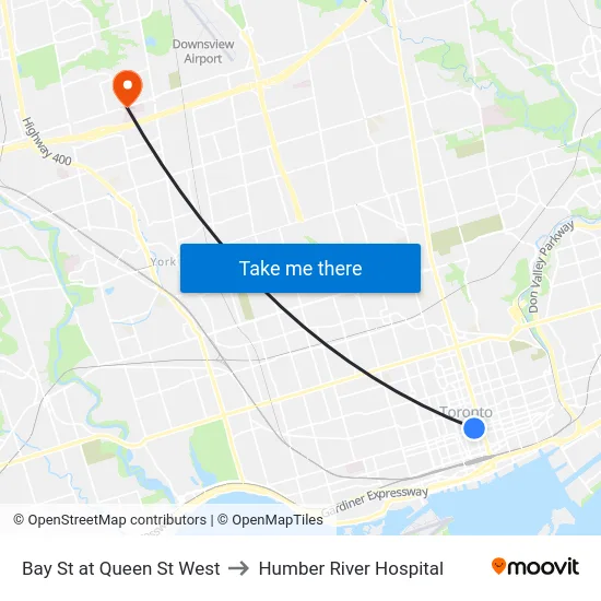 Bay St at Queen St West to Humber River Hospital map