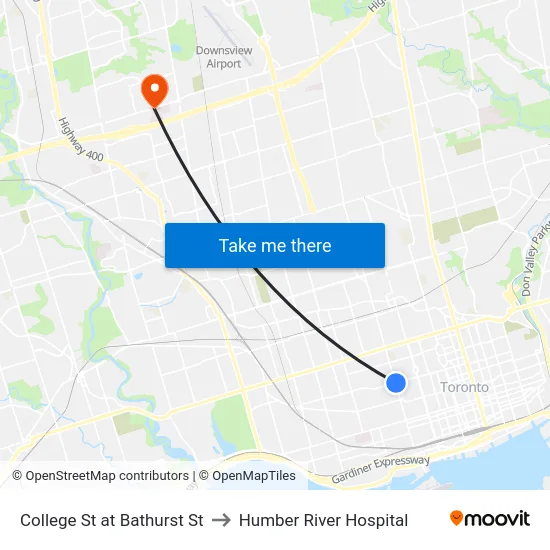 College St at Bathurst St to Humber River Hospital map