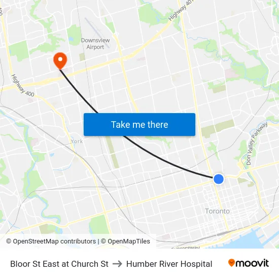 Bloor St East at Church St to Humber River Hospital map