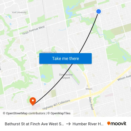 Bathurst St at Finch Ave West South Side to Humber River Hospital map