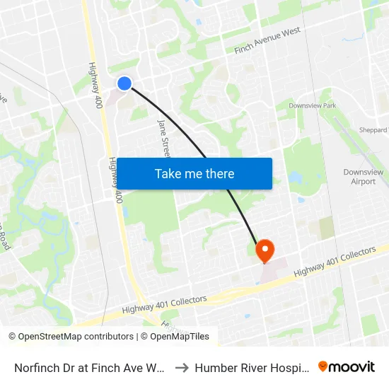 Norfinch Dr at Finch Ave West to Humber River Hospital map