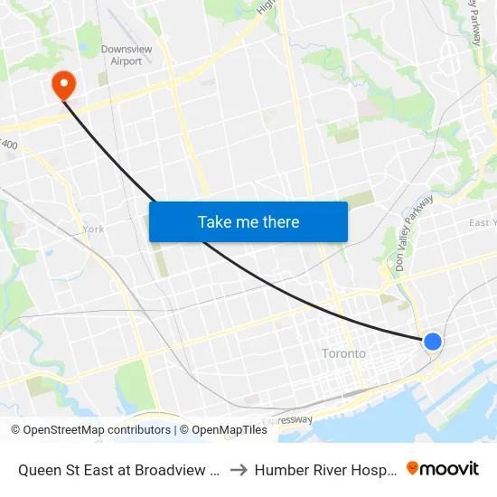 Queen St East at Broadview Ave to Humber River Hospital map