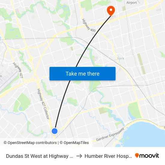 Dundas St West at Highway 427 to Humber River Hospital map
