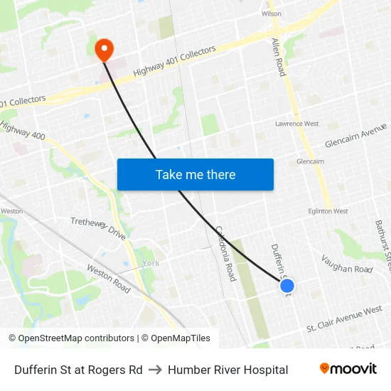 Dufferin St at Rogers Rd to Humber River Hospital map