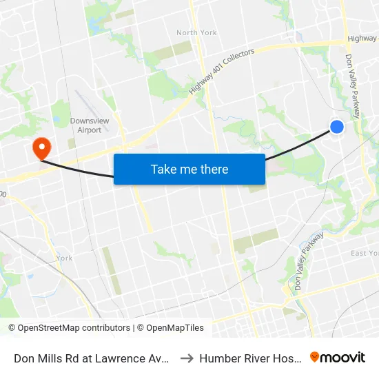 Don Mills Rd at Lawrence Ave East to Humber River Hospital map