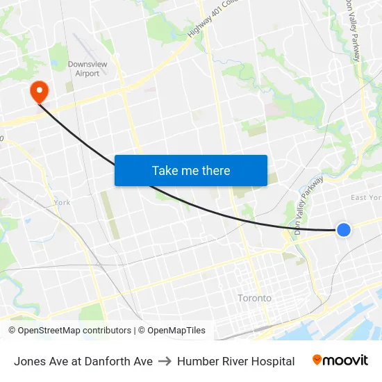 Jones Ave at Danforth Ave to Humber River Hospital map