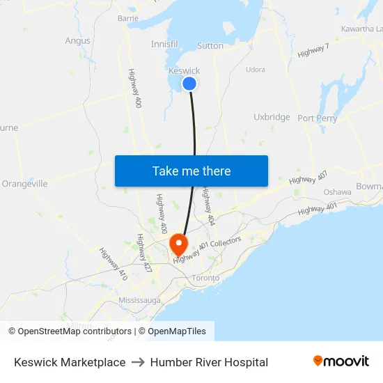 Keswick Marketplace to Humber River Hospital map