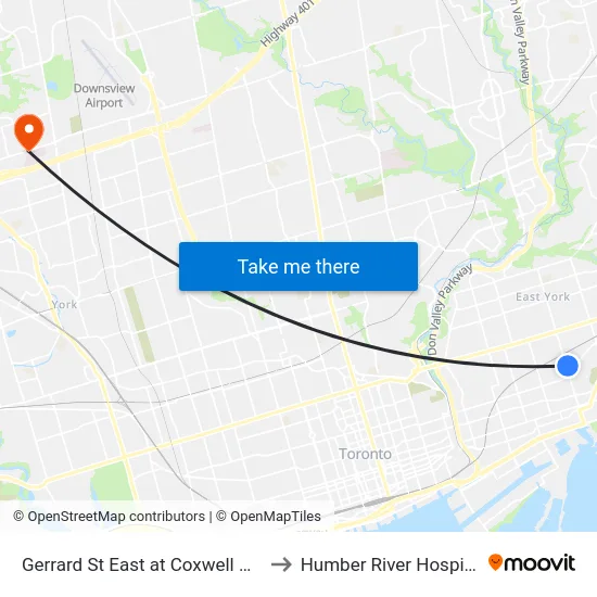 Gerrard St East at Coxwell Ave to Humber River Hospital map