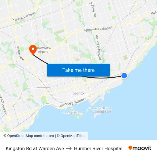 Kingston Rd at Warden Ave to Humber River Hospital map