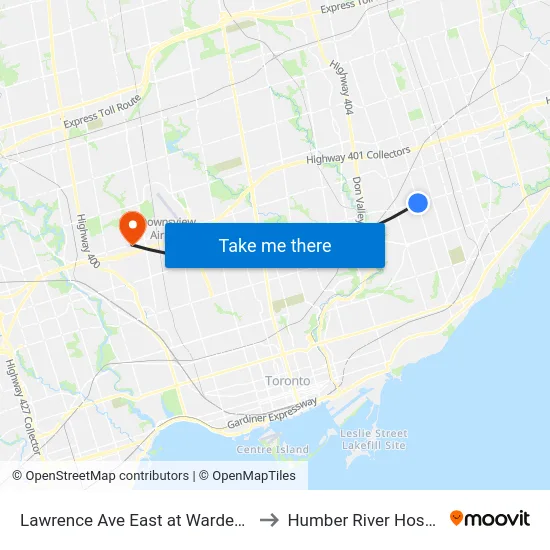 Lawrence Ave East at Warden Ave to Humber River Hospital map