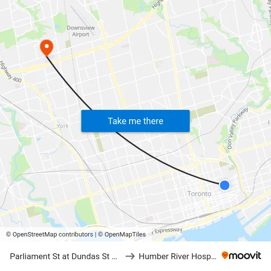 Parliament St at Dundas St East to Humber River Hospital map