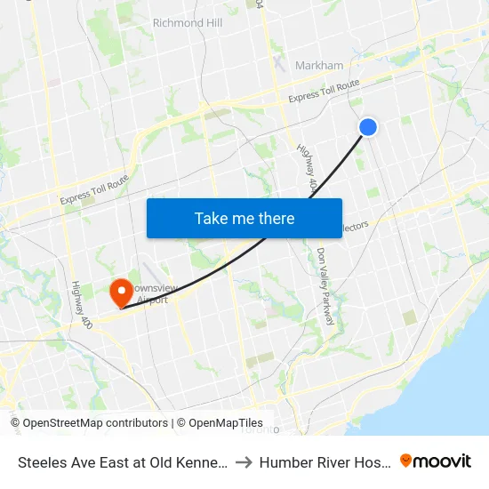Steeles Ave East at Old Kennedy Rd to Humber River Hospital map