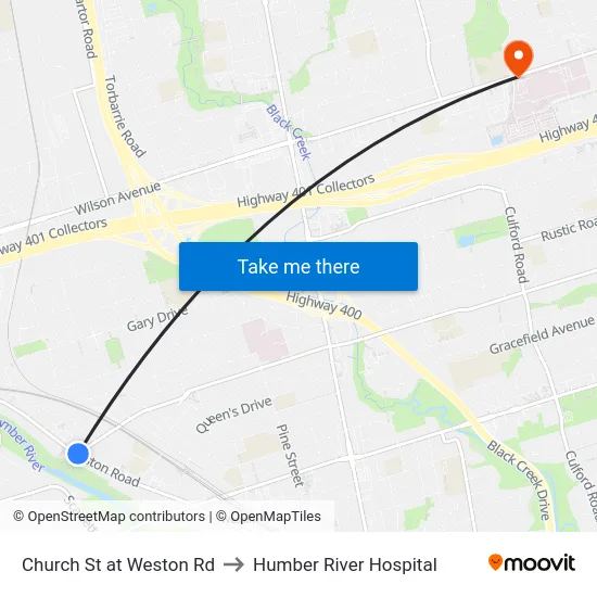 Church St at Weston Rd to Humber River Hospital map