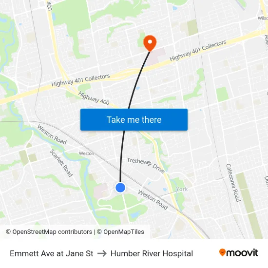 Emmett Ave at Jane St to Humber River Hospital map
