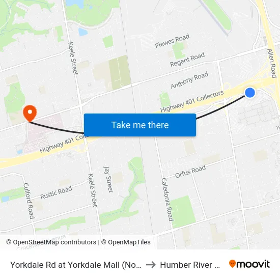 Yorkdale Rd at Yorkdale Mall (North Entrance) to Humber River Hospital map